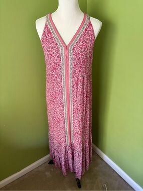 J. Jill Pink Floral Border-Trim Maxi Dress